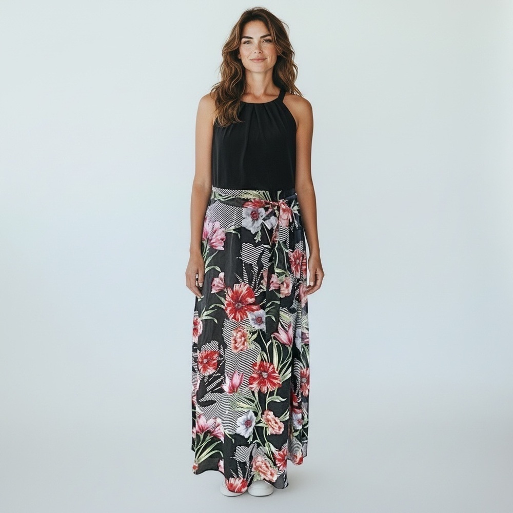 Be by Chetta B Black Halter Maxi Dress Floral Skirt Tie Waist Sz 8